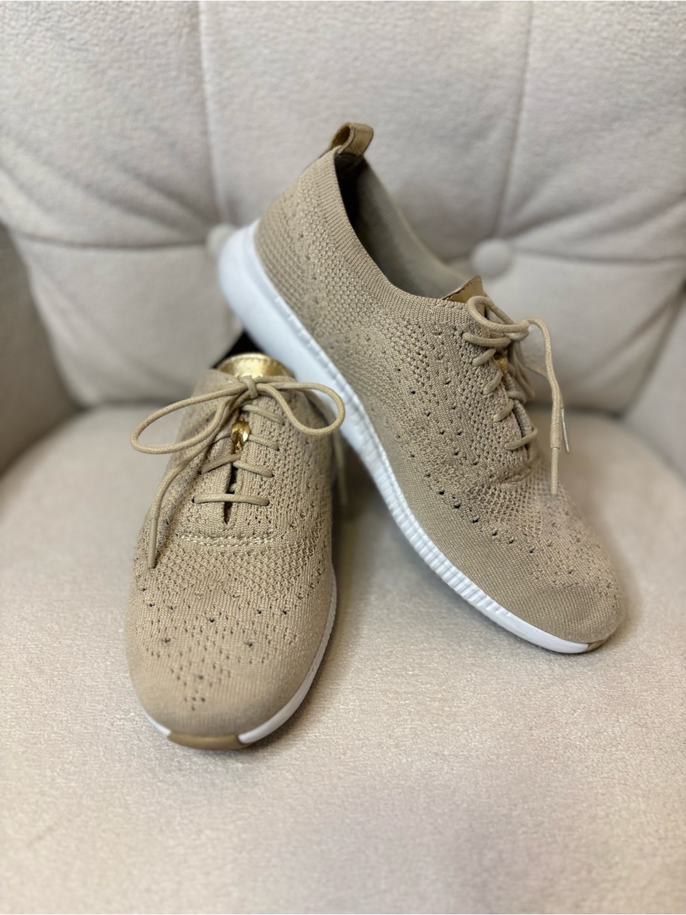 Women’s Cole Hann ZEROGRAND Stitchlite Knit Oxford Sneakers Ivory Beige Gold 7.5